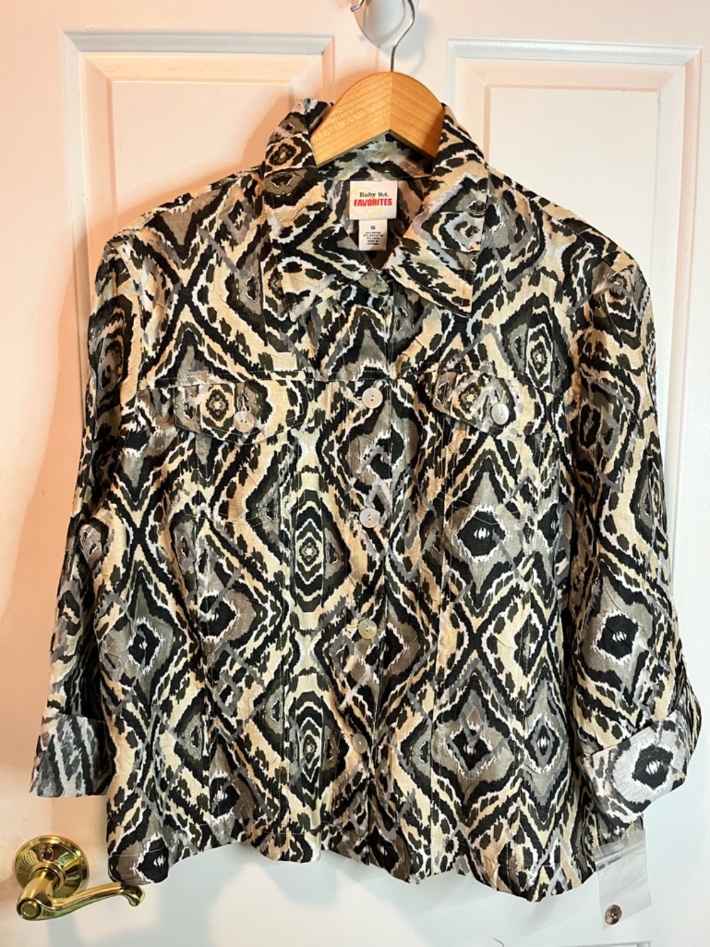 NWT Ruby Rd. Black and Cream Ikat-Style Burnout Jacket Sz 16